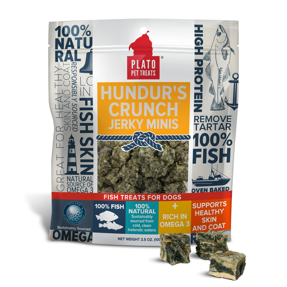 PLATO Hundur’s Crunch Jerky Minis – emballage clair prêt à offrir.