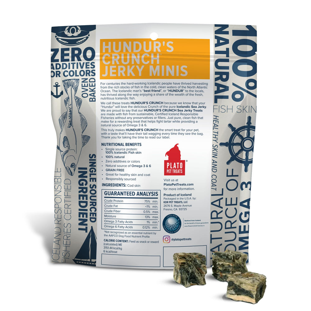 PLATO Hundur’s Crunch Jerky Minis – peau de morue en tranche savoureuse.