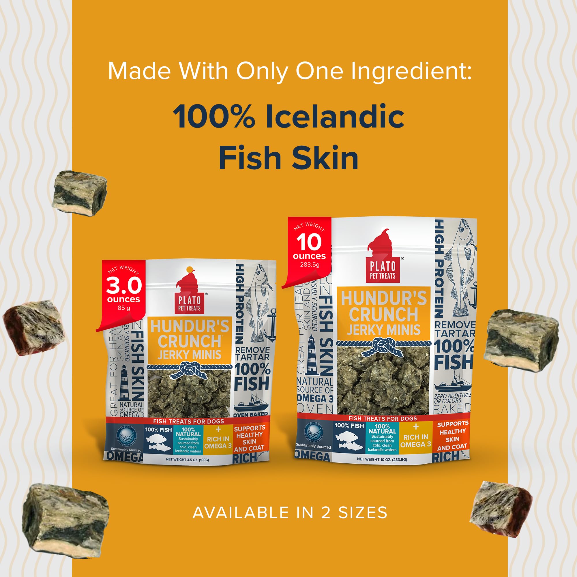 PLATO Hundur’s Crunch Jerky Minis – texture séchée à l’air pour mastication prolongée.