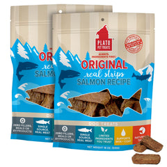 PLATO Real Strips saumon, texture moelleuse, récompense facile pour chiens.