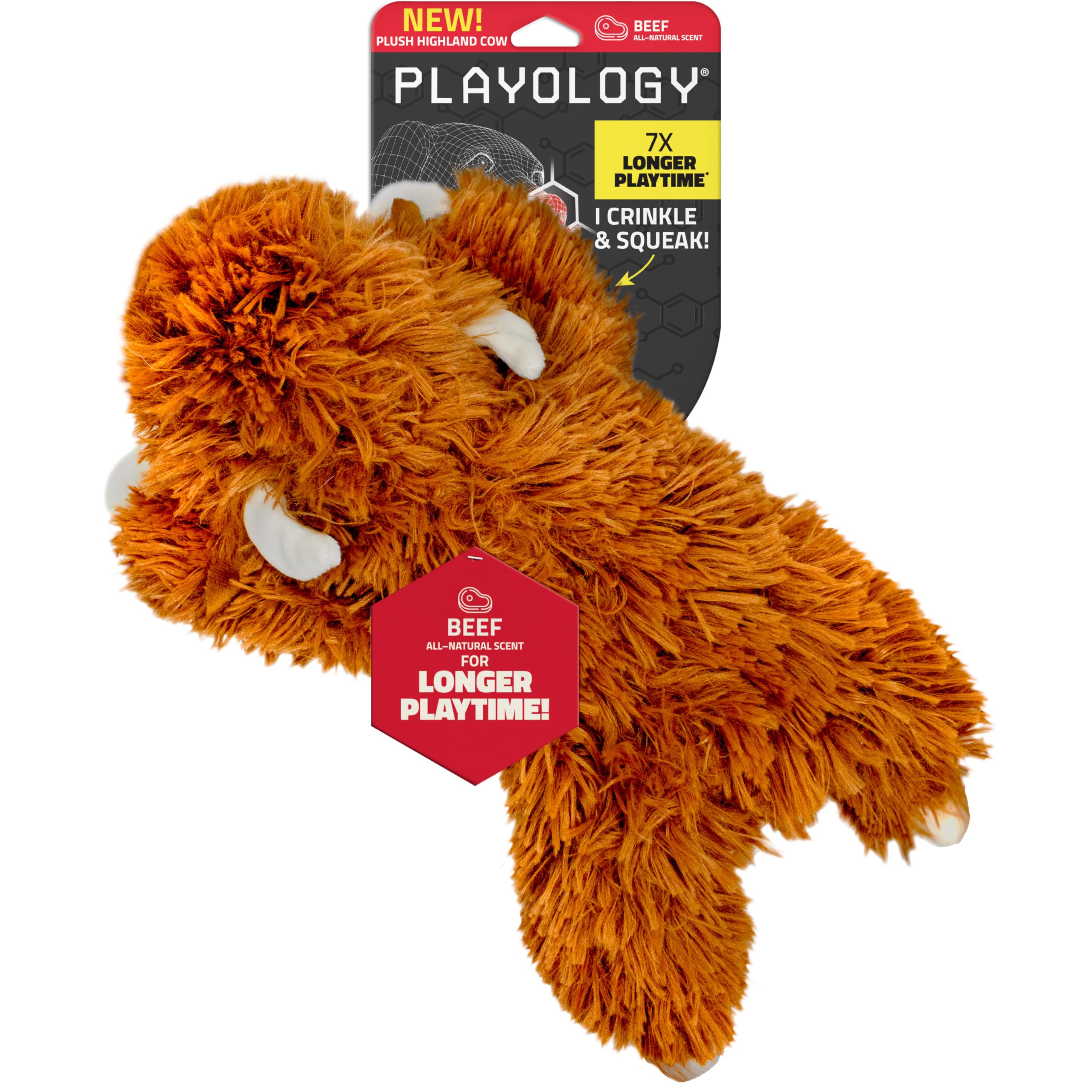Peluche Playology Highland Cow pour chien, douceur parfaite pour le jeu et le câlin.