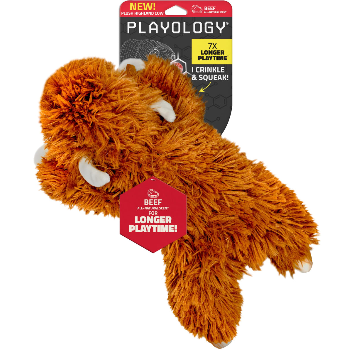 Peluche Playology Highland Cow pour chien, douceur parfaite pour le jeu et le câlin.