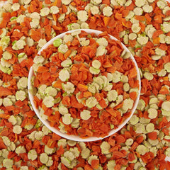Tranches carotte séchées et flocons pois Pleasantly Warm, textures croquantes.