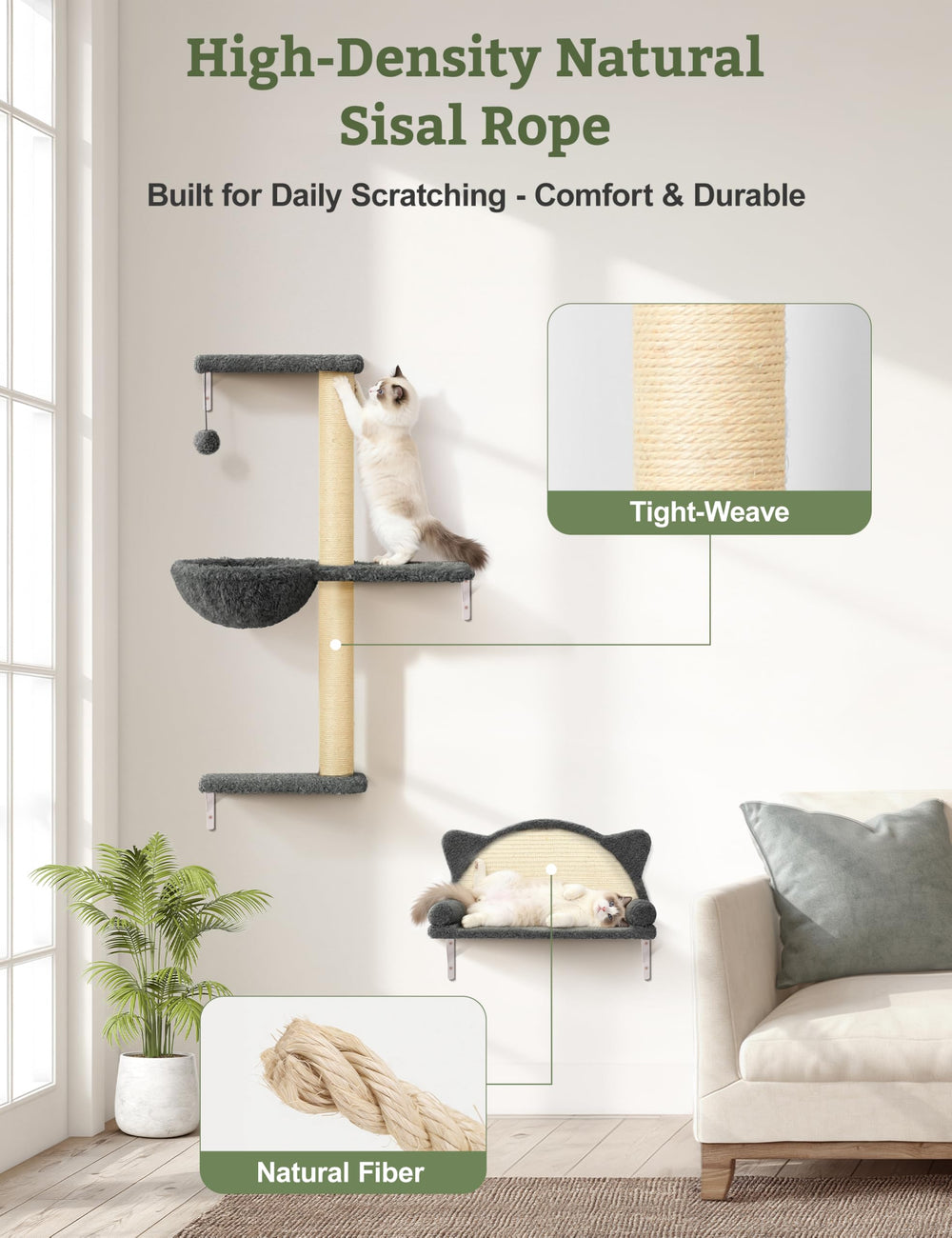 PLEKER matériaux premium – bois multi-couches, velours doux, sisal résistant.