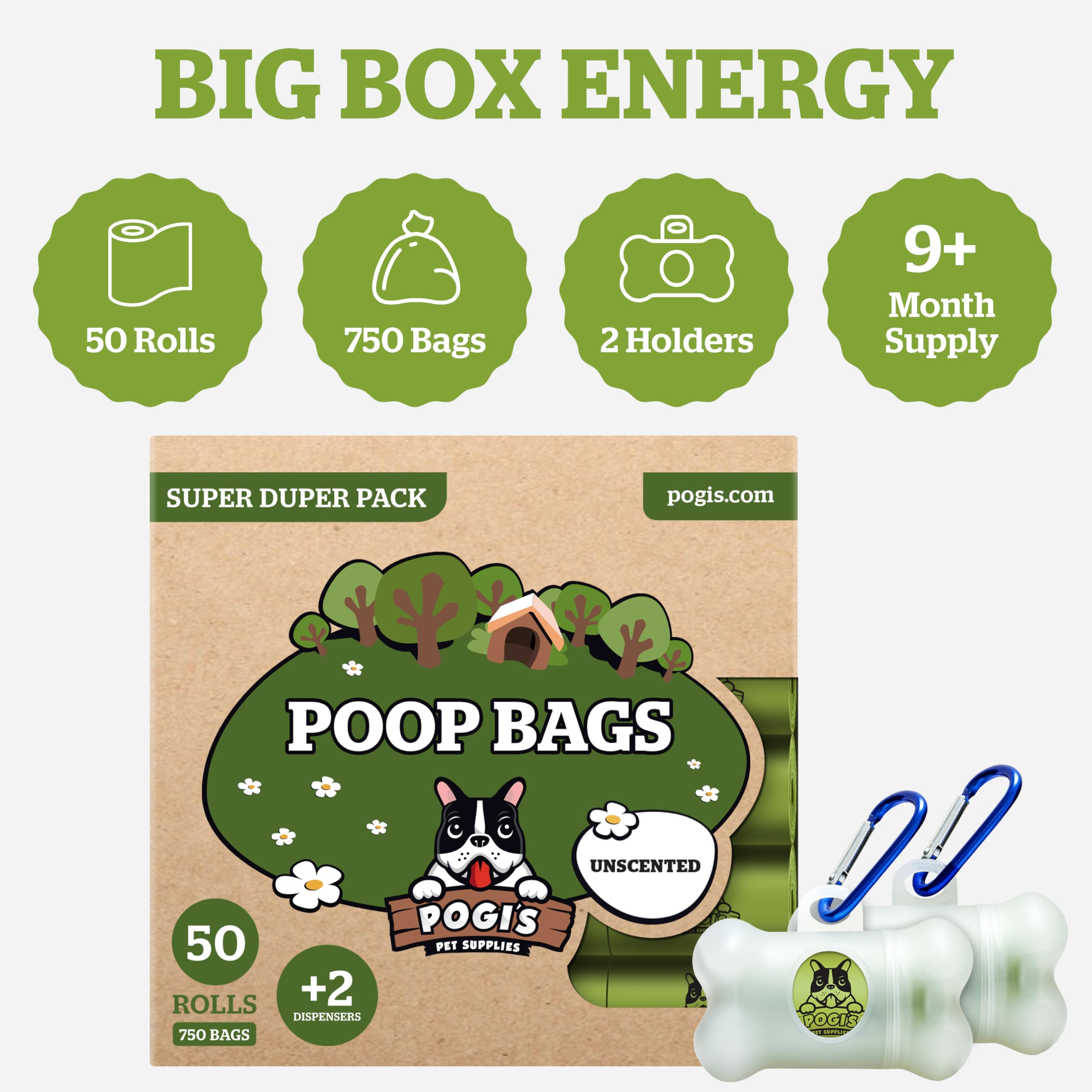 50 rouleaux et 2 distributeurs Pogis inclus dans le pack.