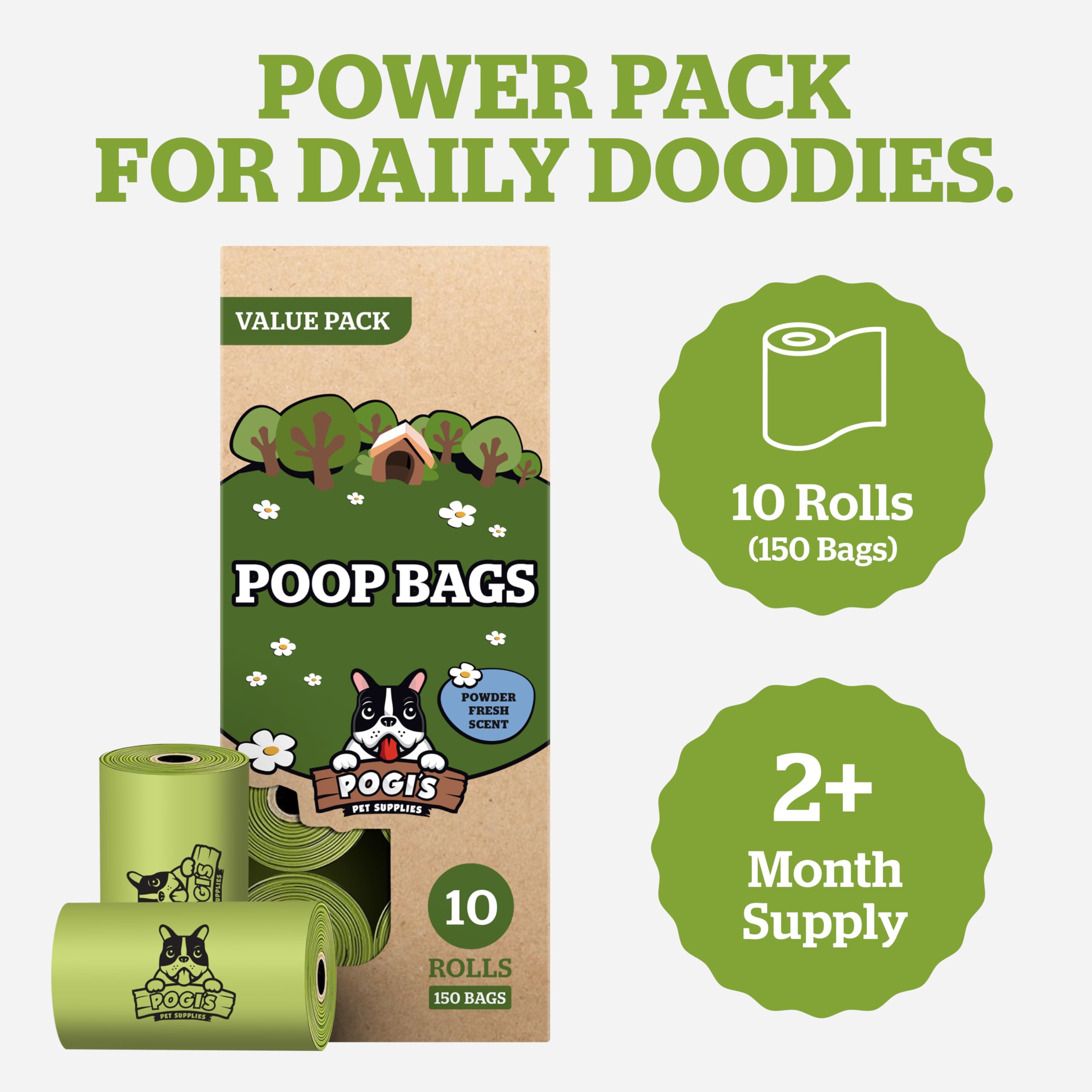 Sacs Pogi's recyclables: emballage et noyau en carton recyclé.