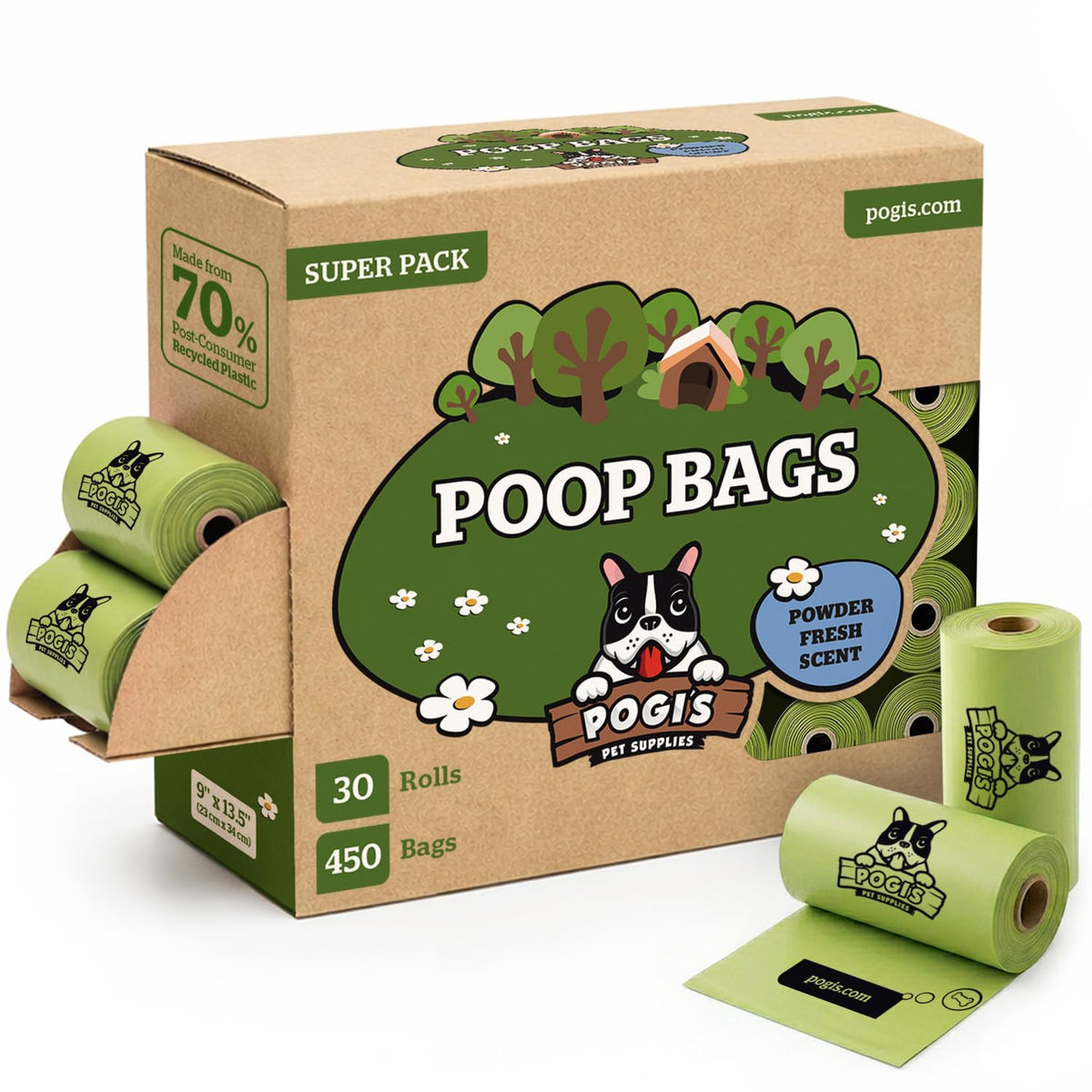 Sacs Pogi’s pour crottes de chien étanches et épais, faciles à fermer.