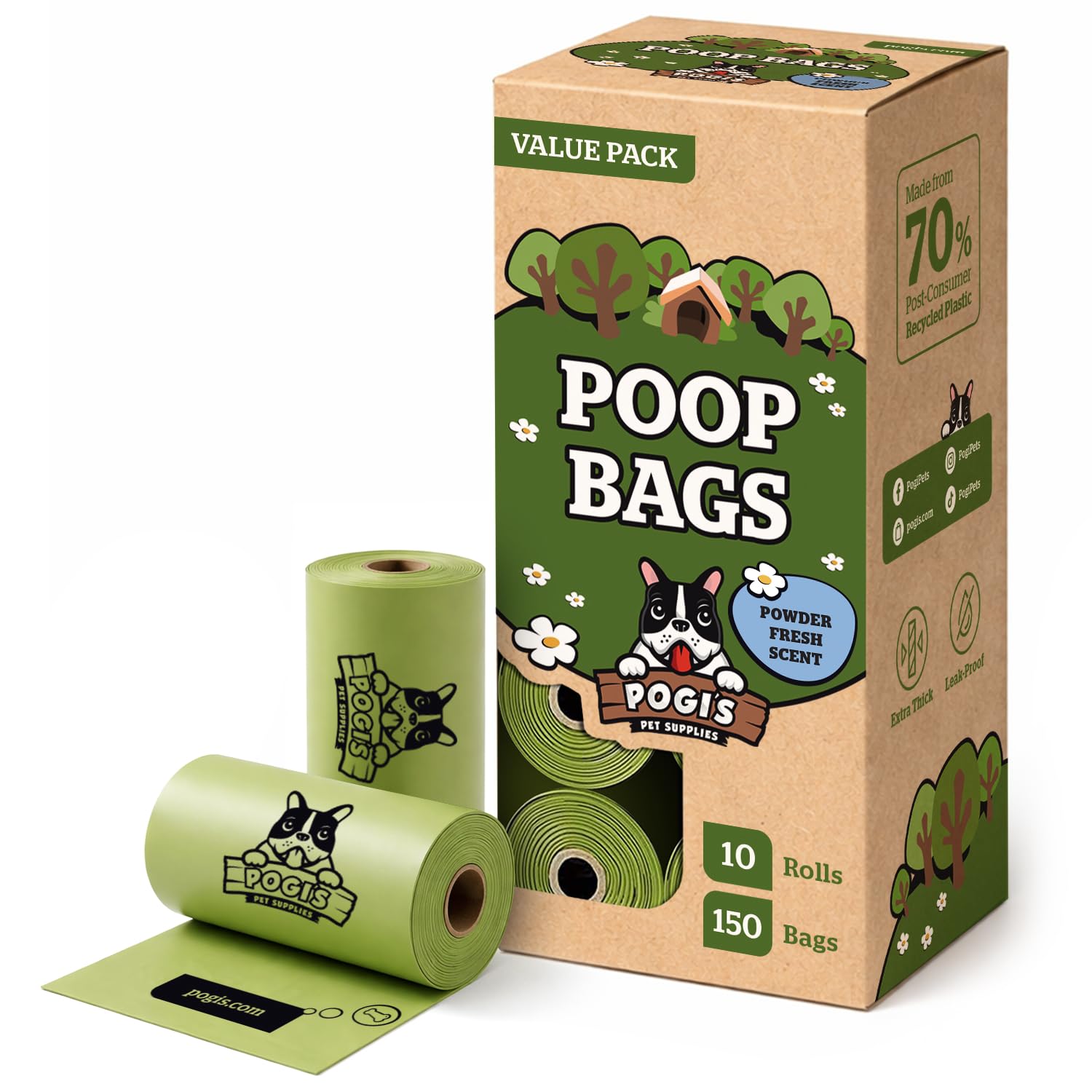 Sacs Pogi's Dog Poop Bags avec ouverture facile lors d'une promenade.