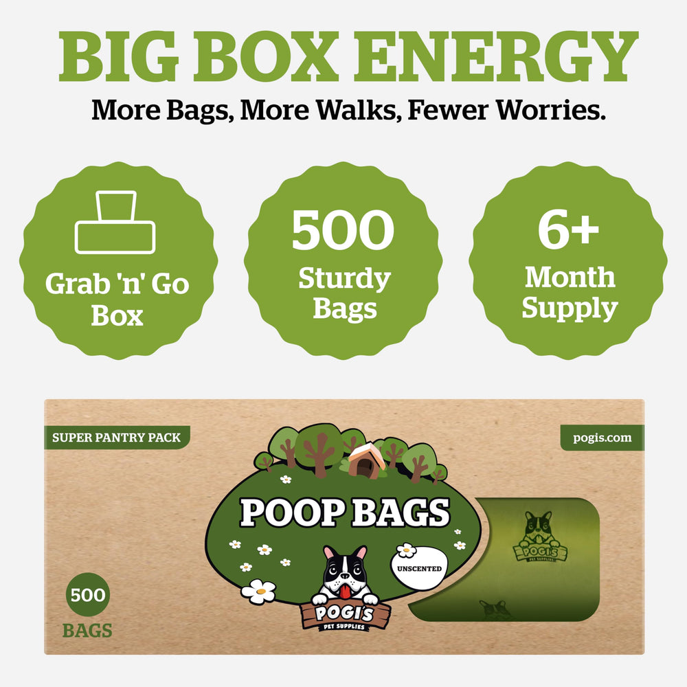 Format 23x34 cm des sacs Pogi's Poop Bags, adaptés aux chiens de grande taille.