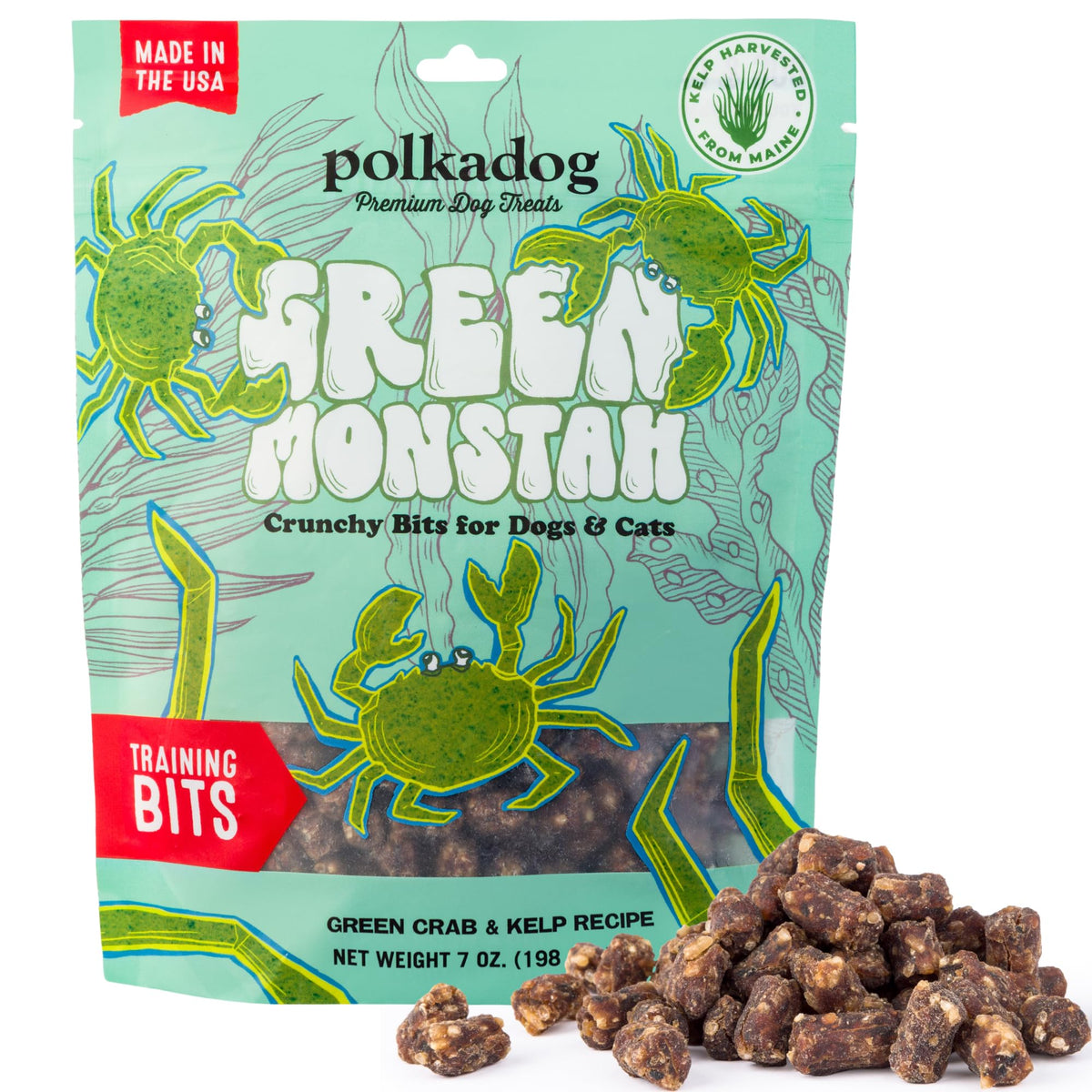 Polkadog bouchées-crabe-vert-kelp-dressage: texture croquante idéale pour l'entraînement.
