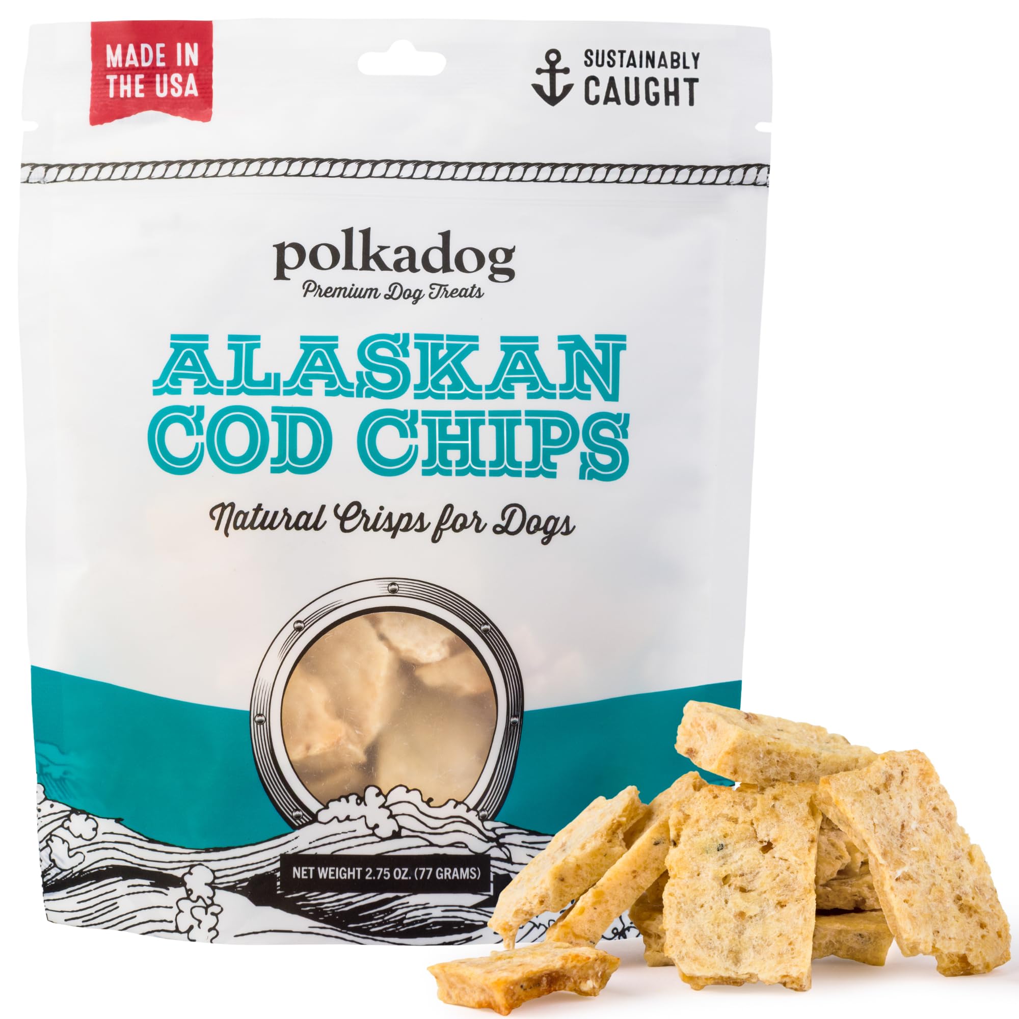 Polkadog chips morue Alaska croquant, récompense saine pour chien actif.