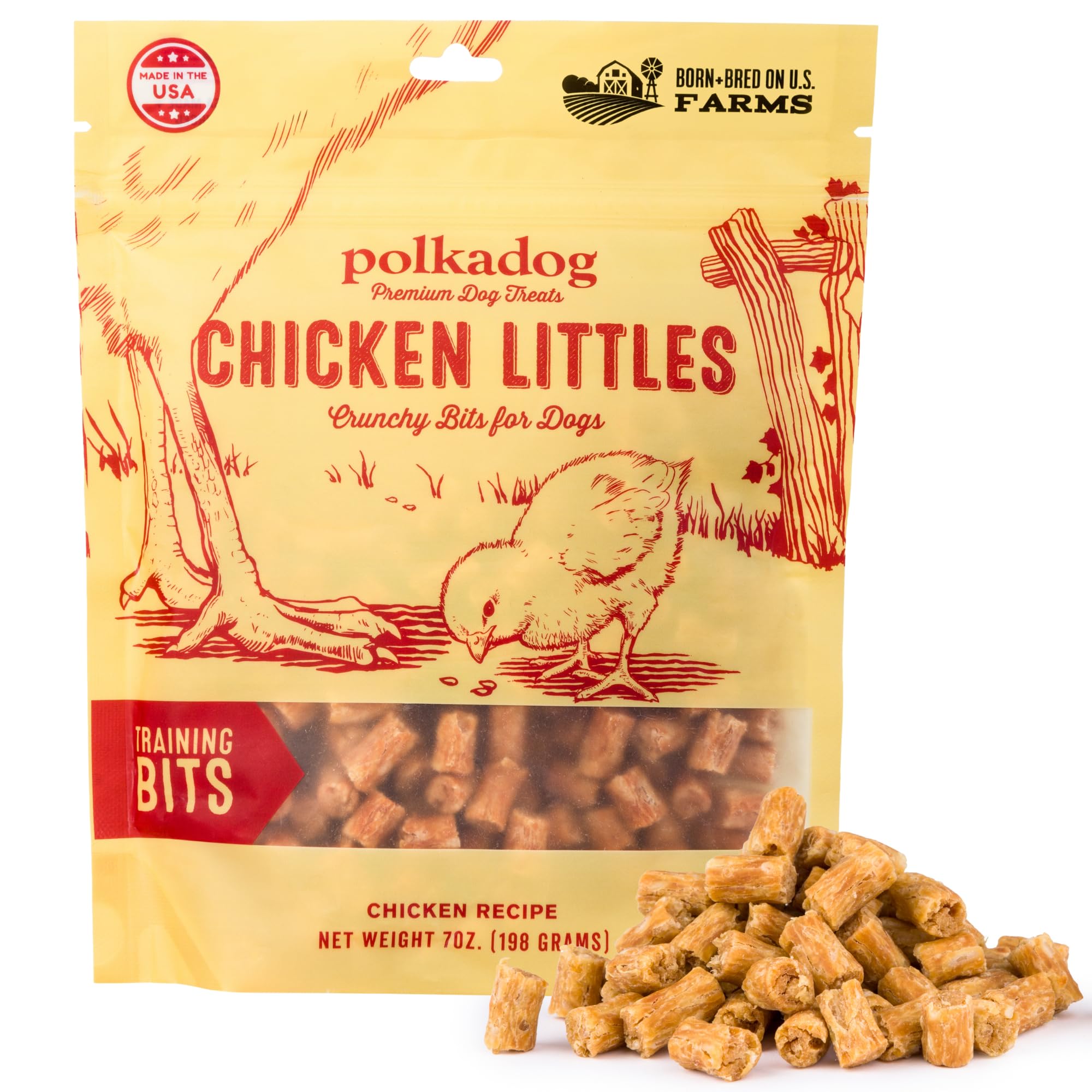Polkadog morceaux d'entraînement poulet croustillants pour chiens, récompense savoureuse lors des séances.