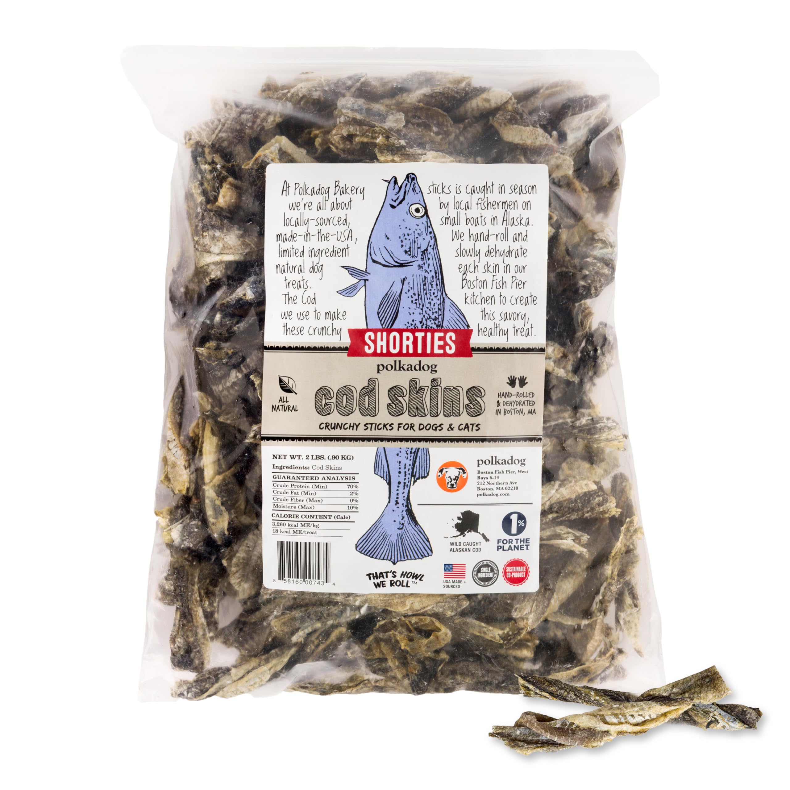 Polkadog peaux cabillaud shortie 2lb, texture croquante utile pour récompenser votre chien.