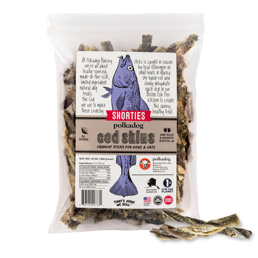 Polkadog sac peaux cabillaud chiends : emballage pratique et friandise riche en protéines.