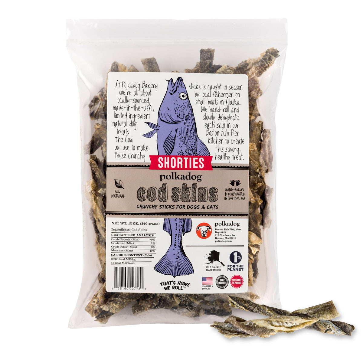 Polkadog sac peaux cabillaud chiends : emballage pratique et friandise riche en protéines.