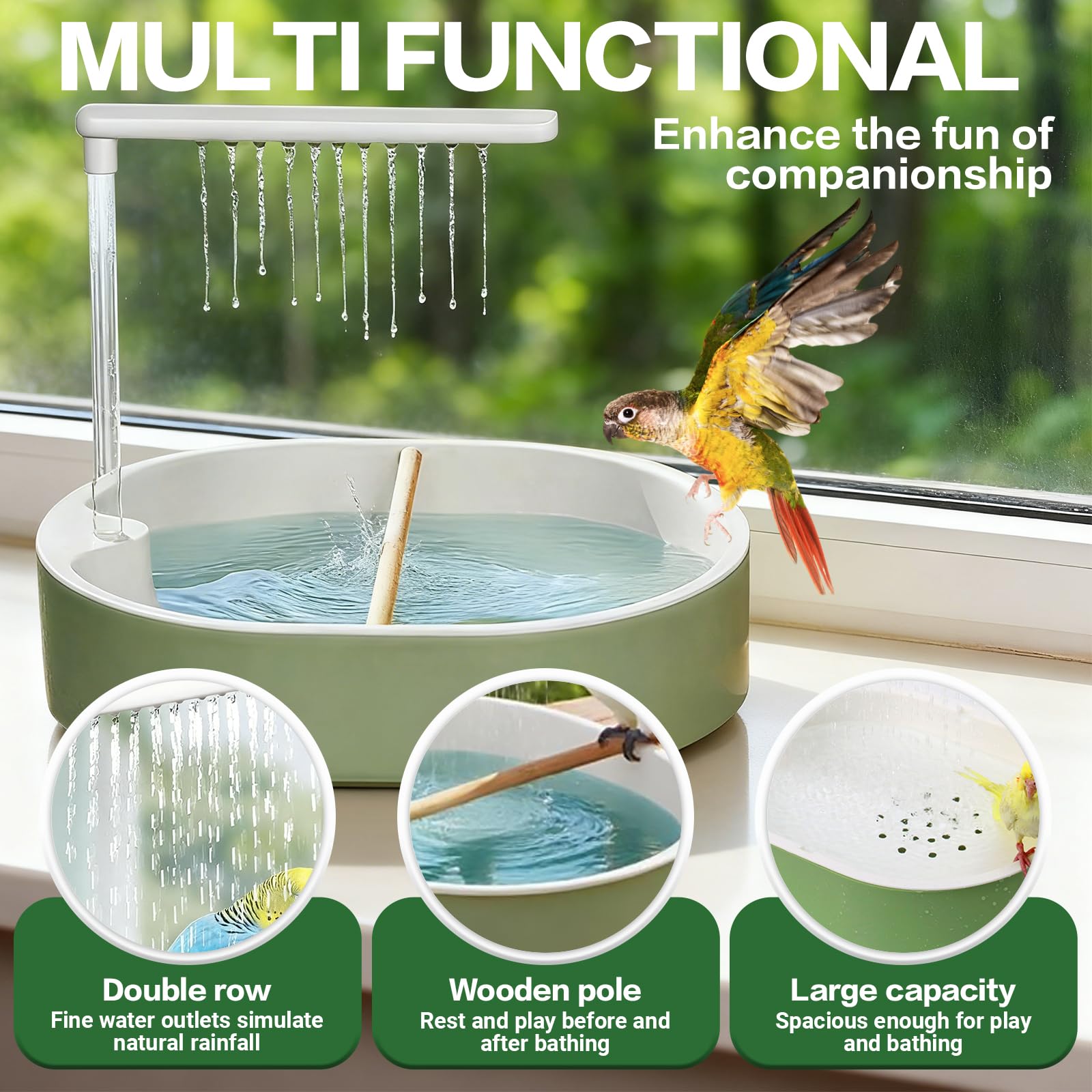 POMFAEE eau courante encourage le toilettage et l'activité des oiseaux.