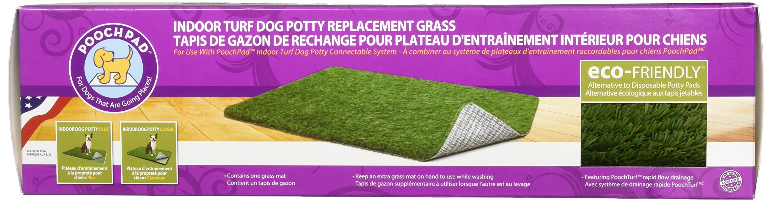 PoochPad utilisé comme tapis potty intérieur, drainage rapide.