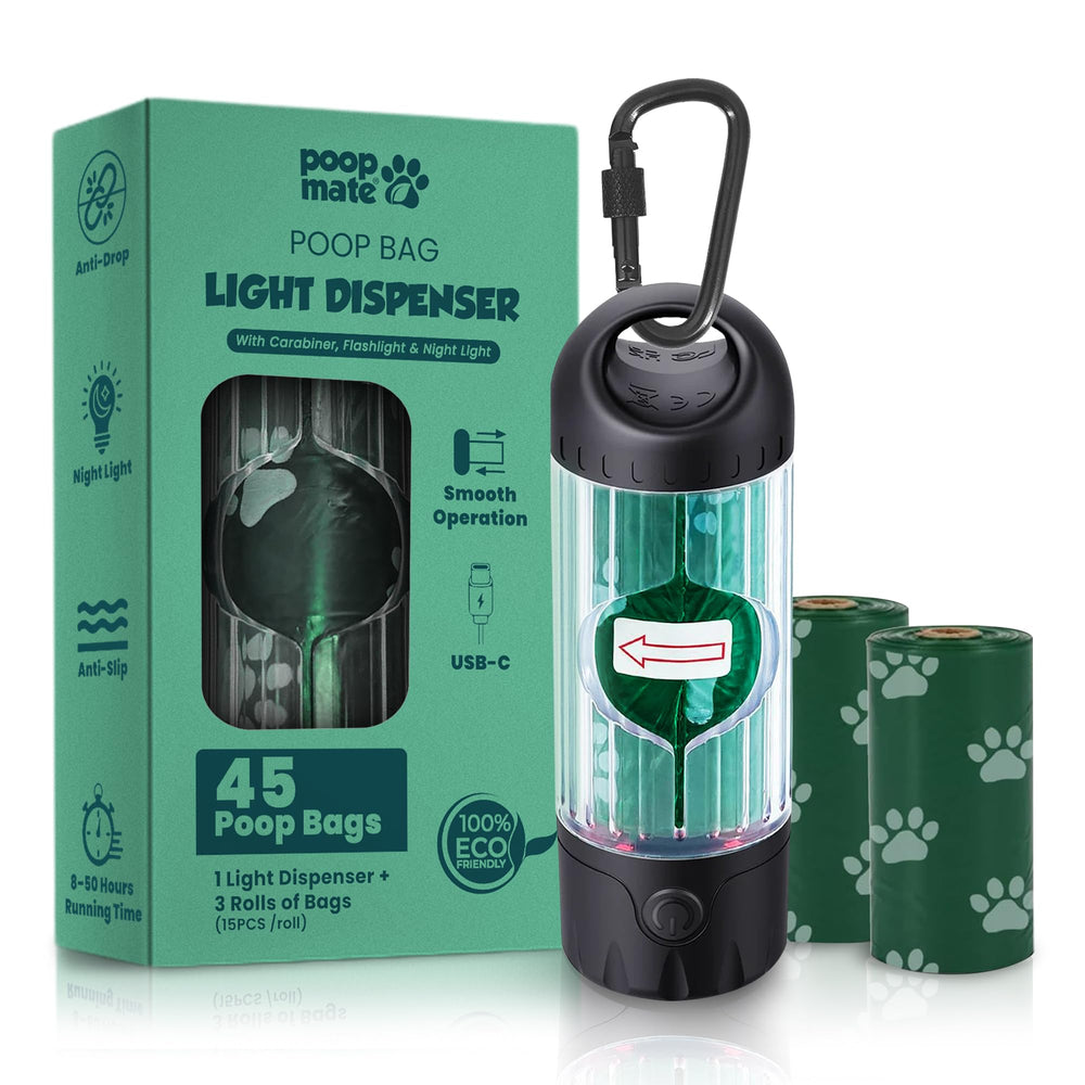 Distributeur Poop Mate avec LED allumé pour promenades nocturnes et sécurité accrue