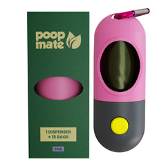 Poop Mate montre le distributeur de sacs crottes avec lampe LED pour promenades nocturnes sûres.