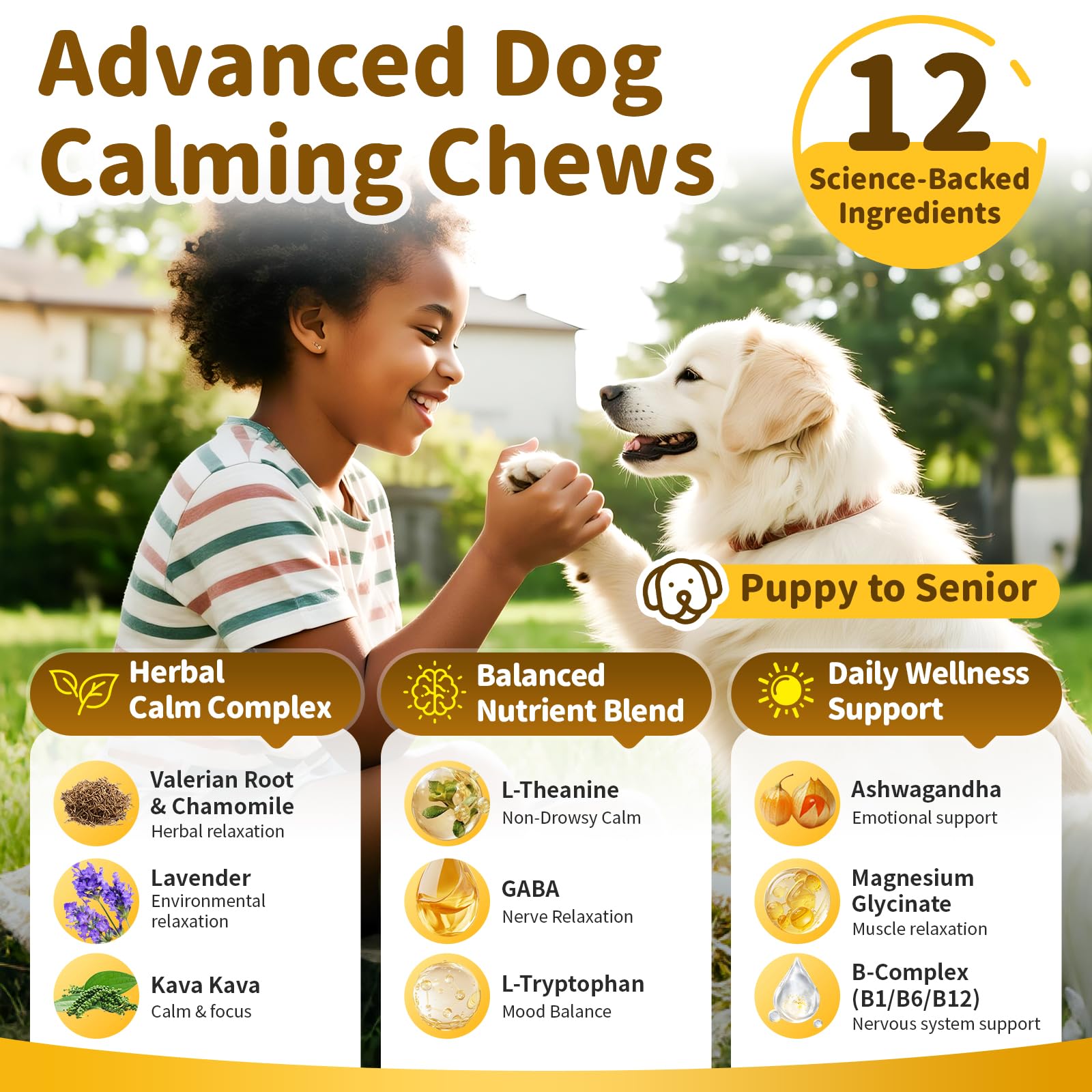 POPPAW bouchées calmantes pour chien, formulation 12-en-1, soutien relaxant.