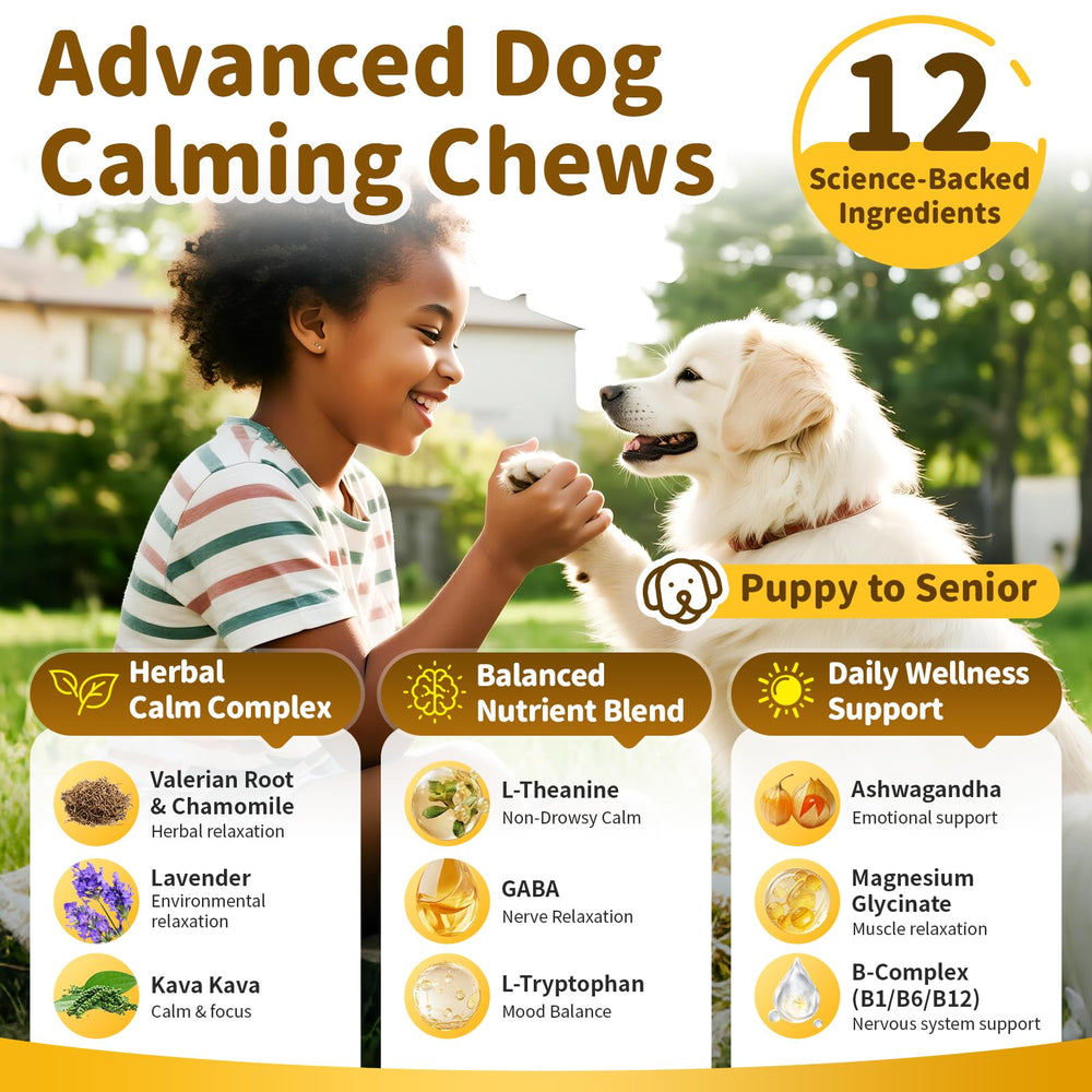 POPPAW bouchées calmantes pour chien, formulation 12-en-1, soutien relaxant.
