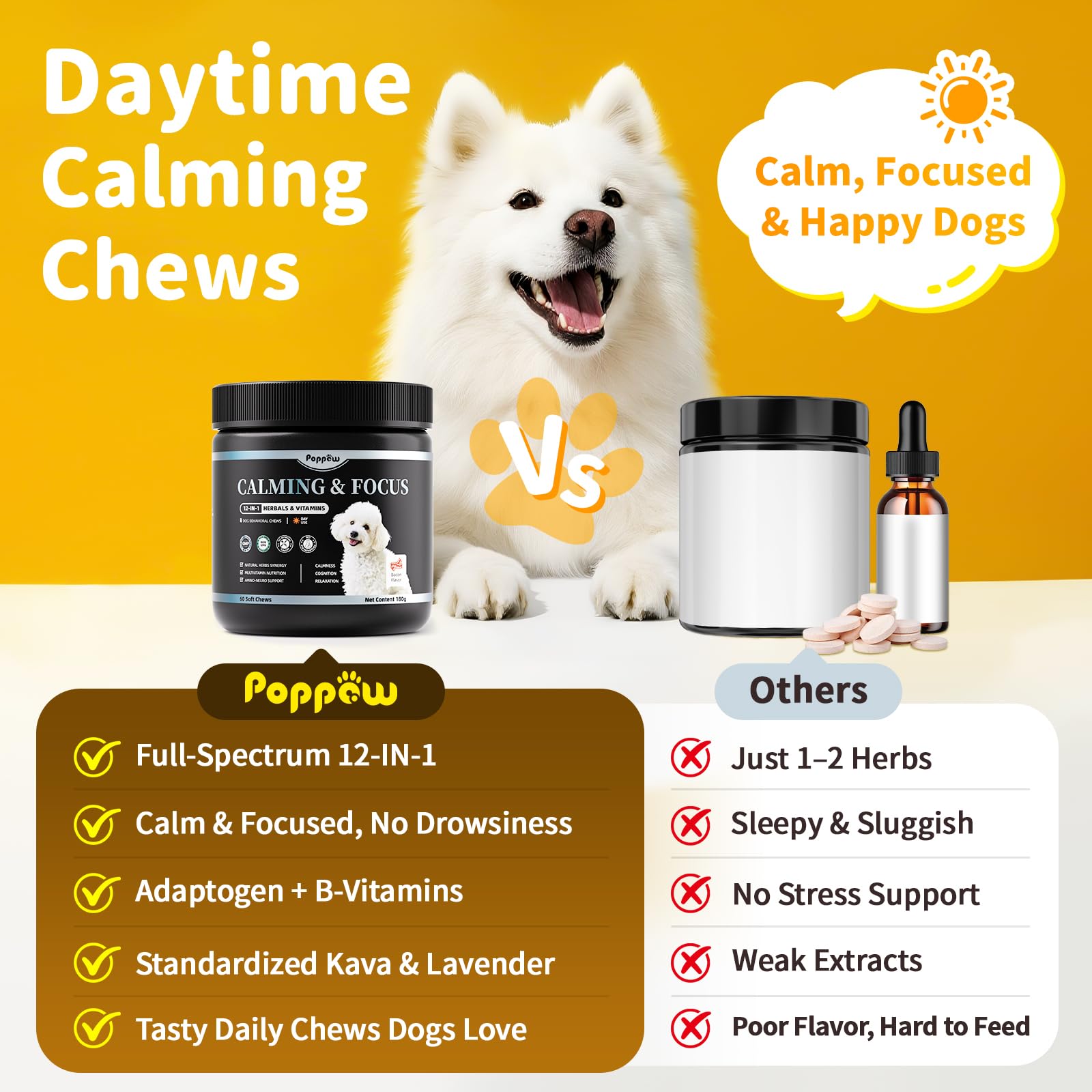 POPPAW bouchées détente 12-en-1 pour chien, simplifiant la routine bien-être.