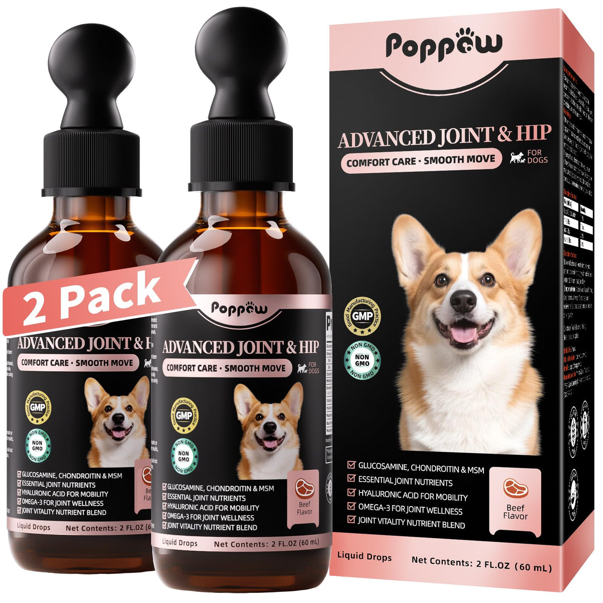 Gouttes POPPAW pour articulations chien en bouteille, soutien mobilité quotidienne.