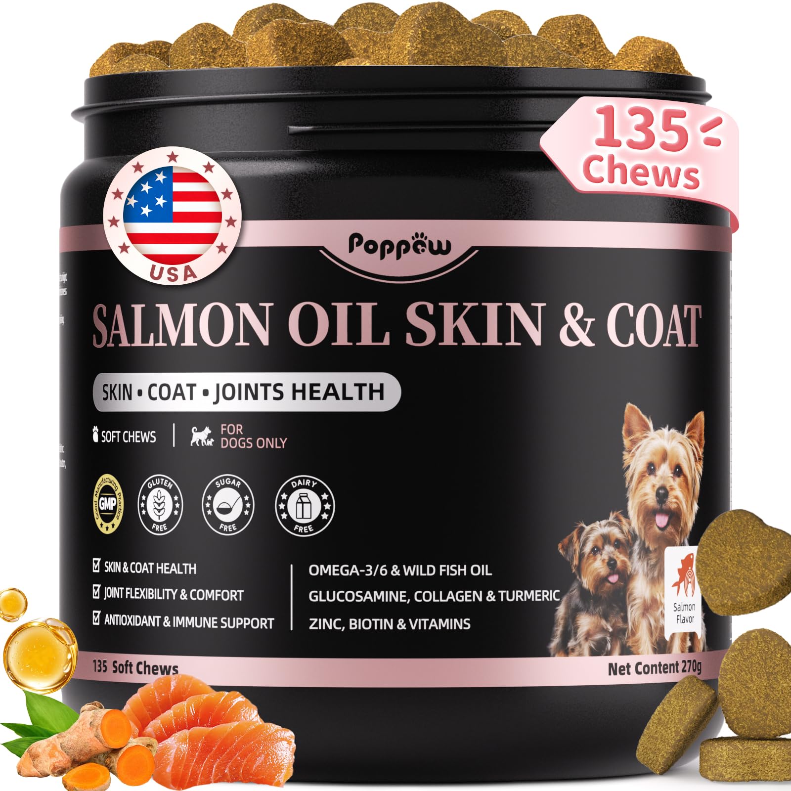 POPPAW huile saumon chien bouteille — soutien peau et pelage sains et brillants