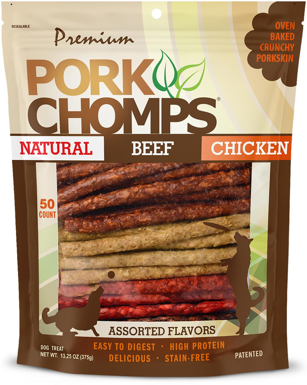 Pork Chomps aperçu du paquet, friandise longue durée pour chiens actifs.