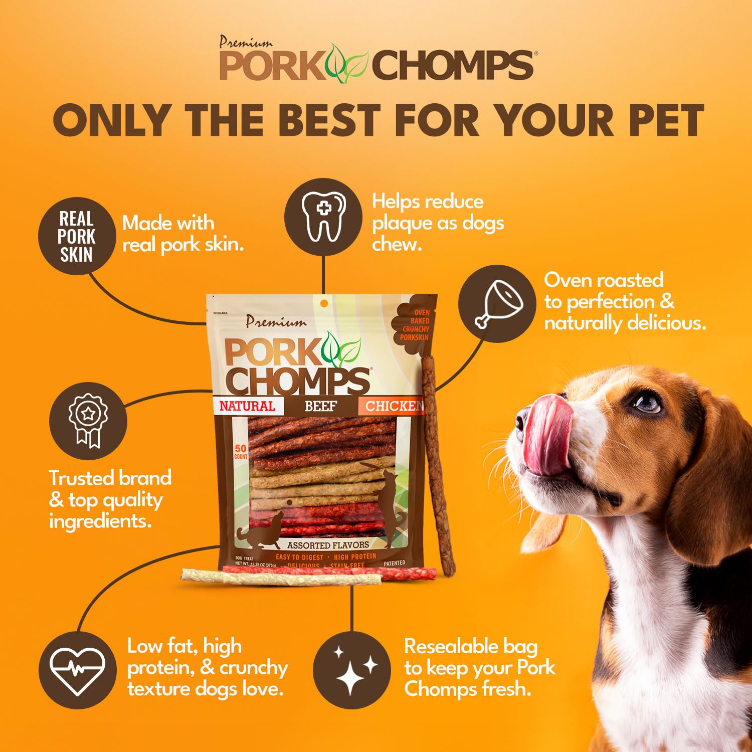 Pork Chomps saveurs porc rôti offrent un goût appétissant et stimulant pour chiens gourmands.