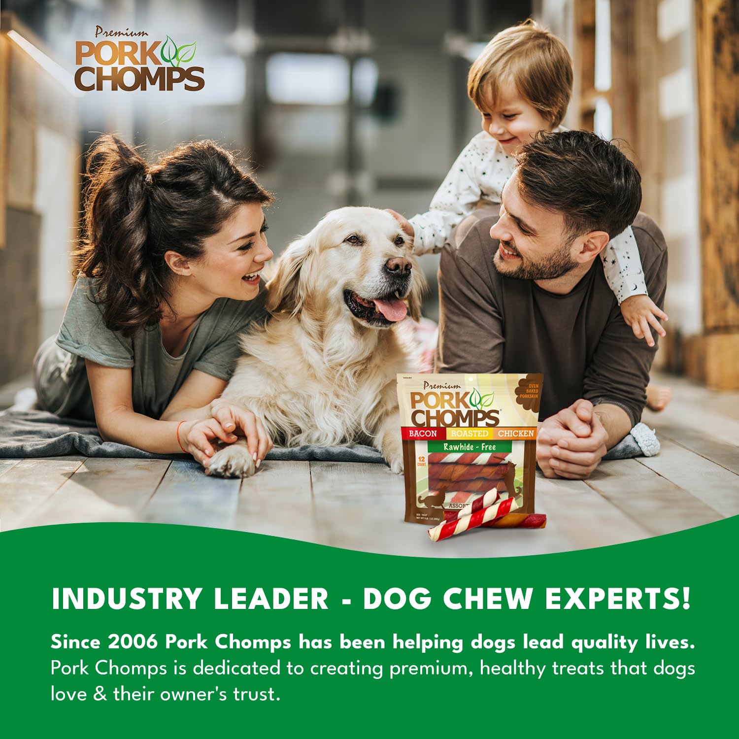 Pork Chomps convient aux petits, moyens et grands chiens.