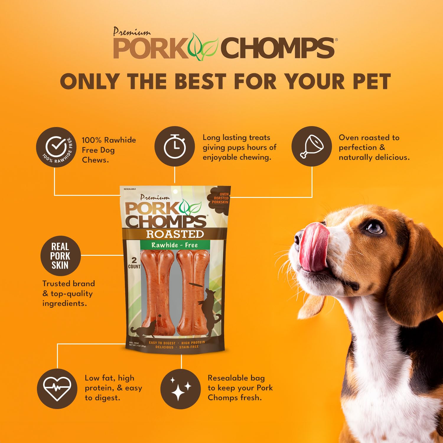 Pork Chomps: emballage refermable et peau de porc rôtie pour chien.