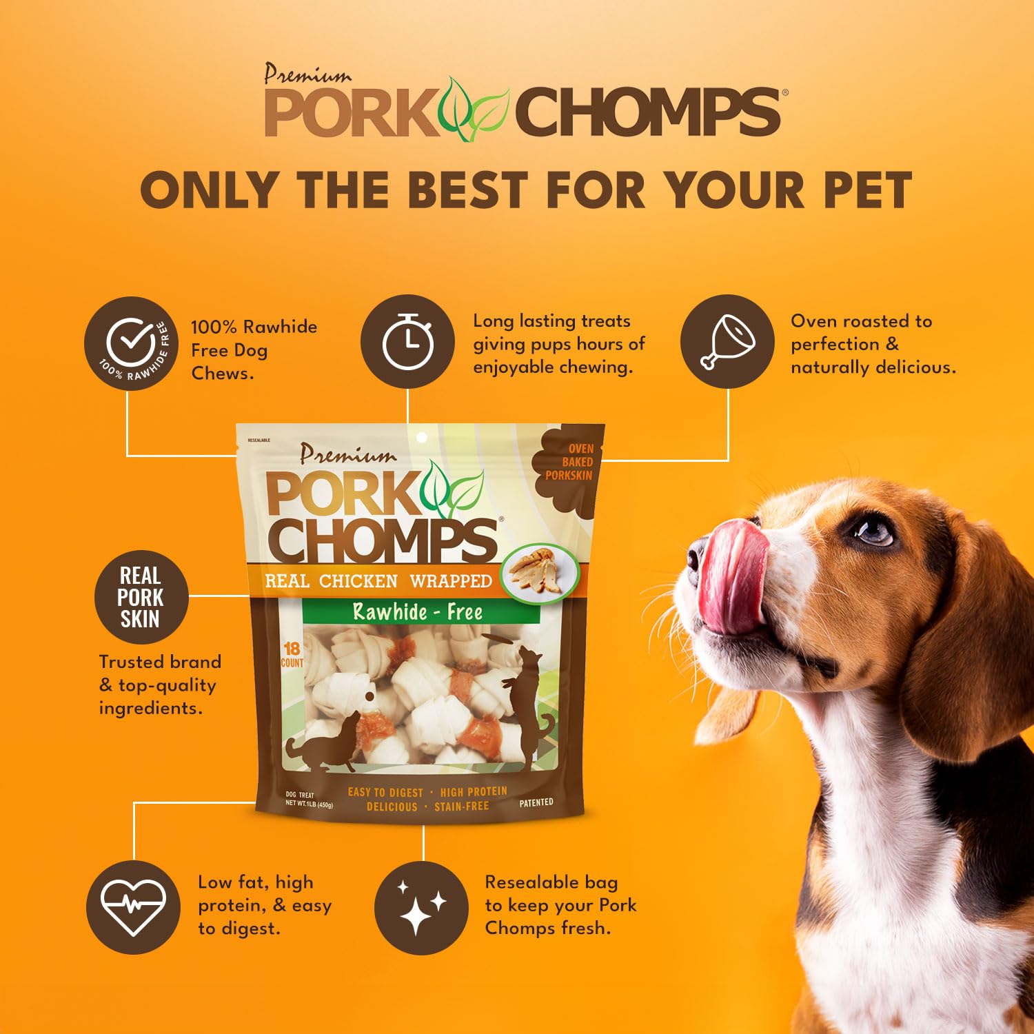 Pork Chomps : emballage refermable qui conserve la fraîcheur.