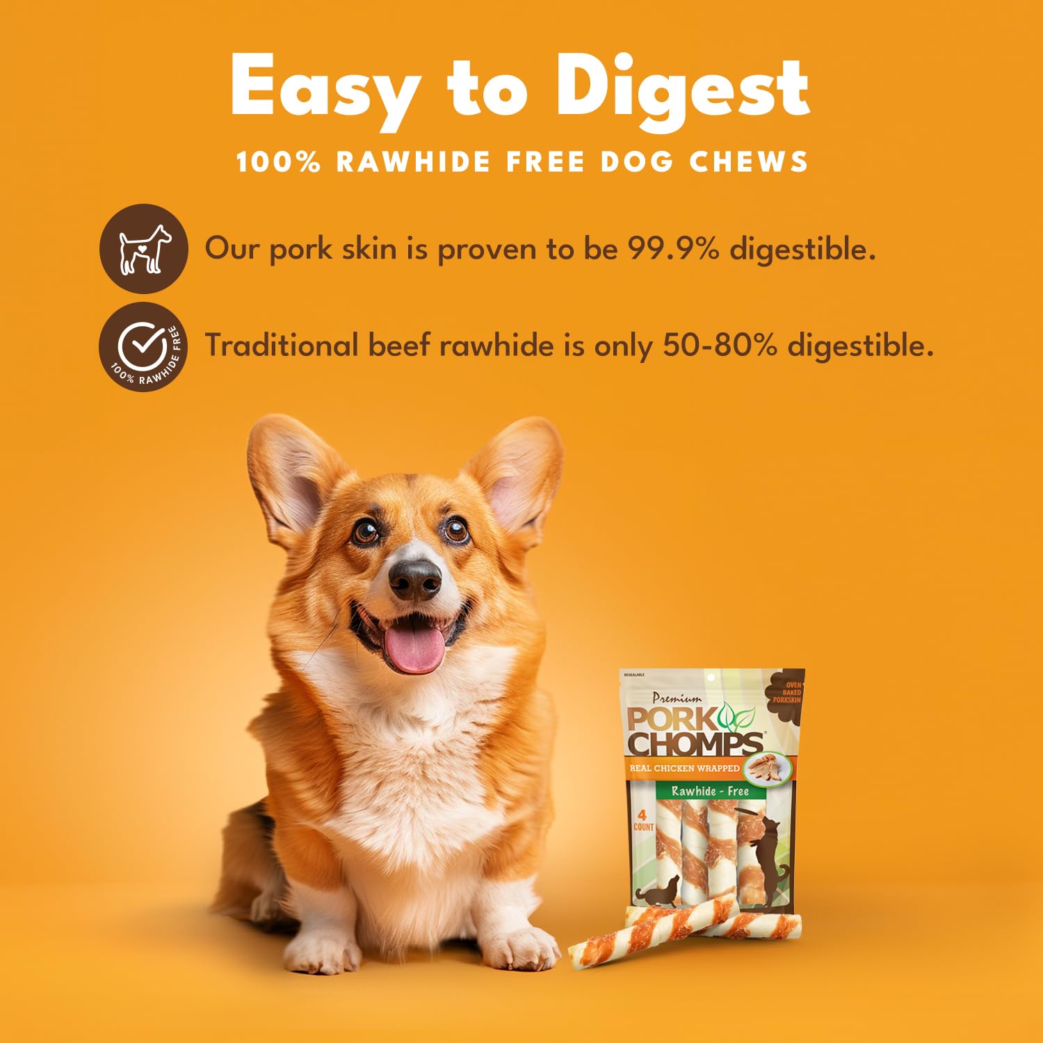 Pork Chomps enveloppe poulet réel, saveur naturelle appréciée par les chiens.