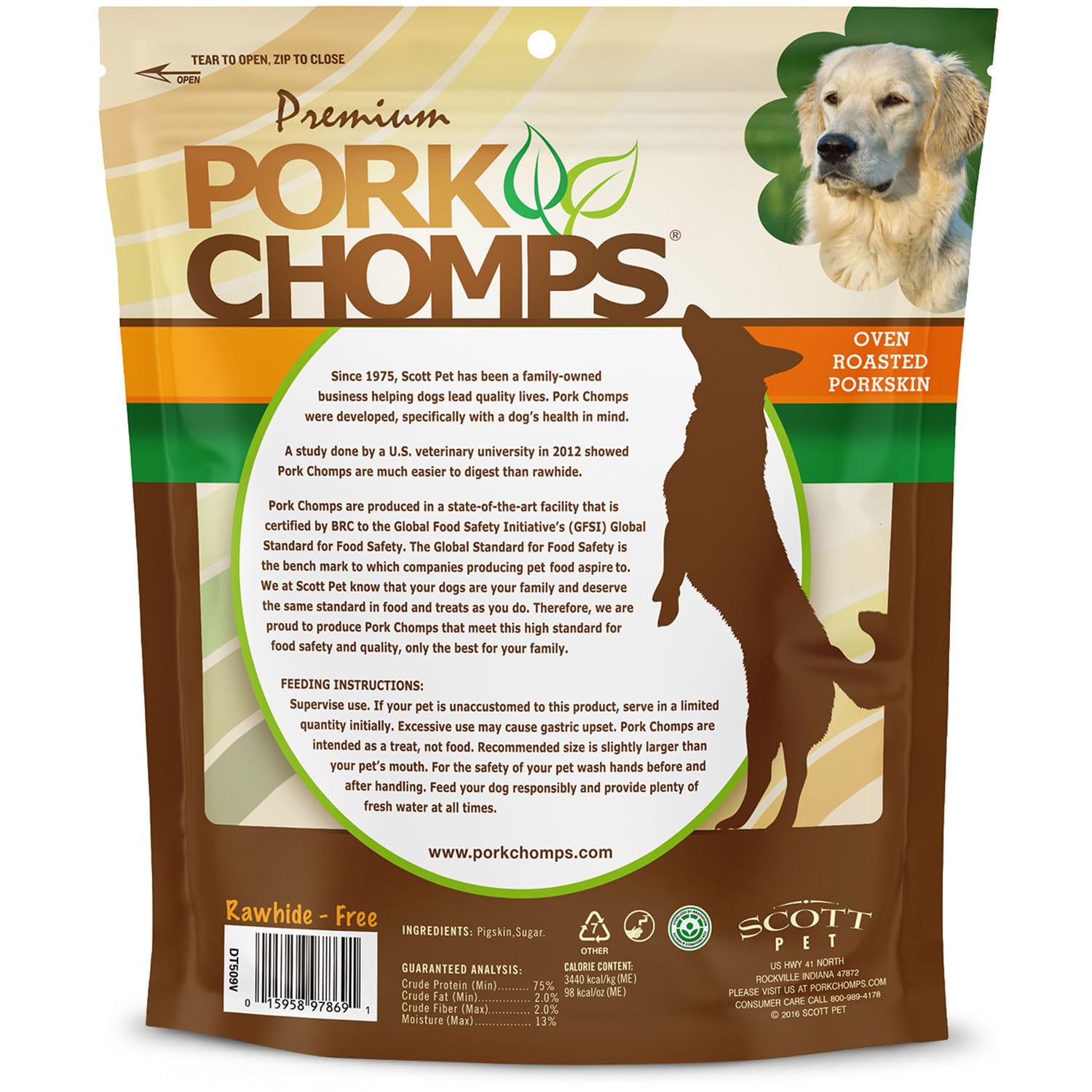 Pork Chomps logo et emballage, signe de qualité et de confiance pour friandises canines.