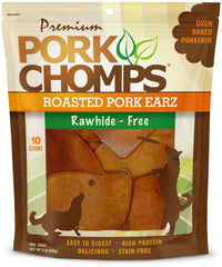 Pork Chomps, oreilles de porc rôties, friandise durable idéale pour chiens et leur plaisir de mâcher.
