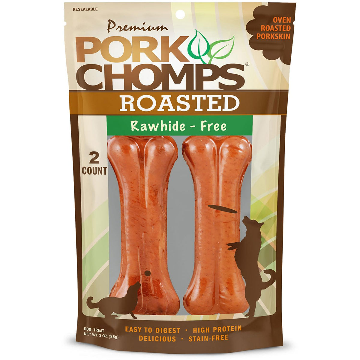 Pork Chomps: peau de porc rôtie pressée en 4,5 pouces, mastication durable.