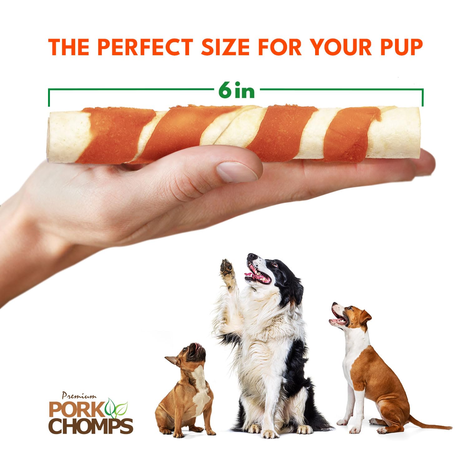 Pork Chomps protéines élevées et collagène pour chiens actifs.