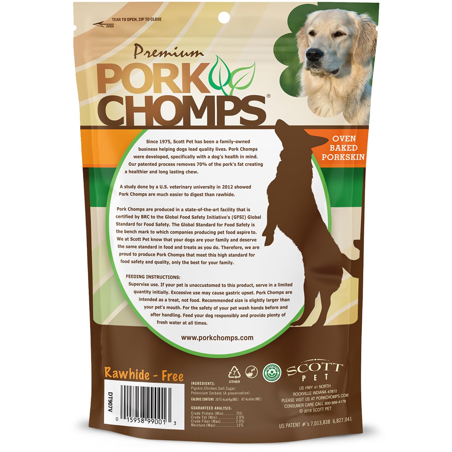 Pork Chomps emballage refermable pour récompenses quotidiennes et séances d'entraînement.