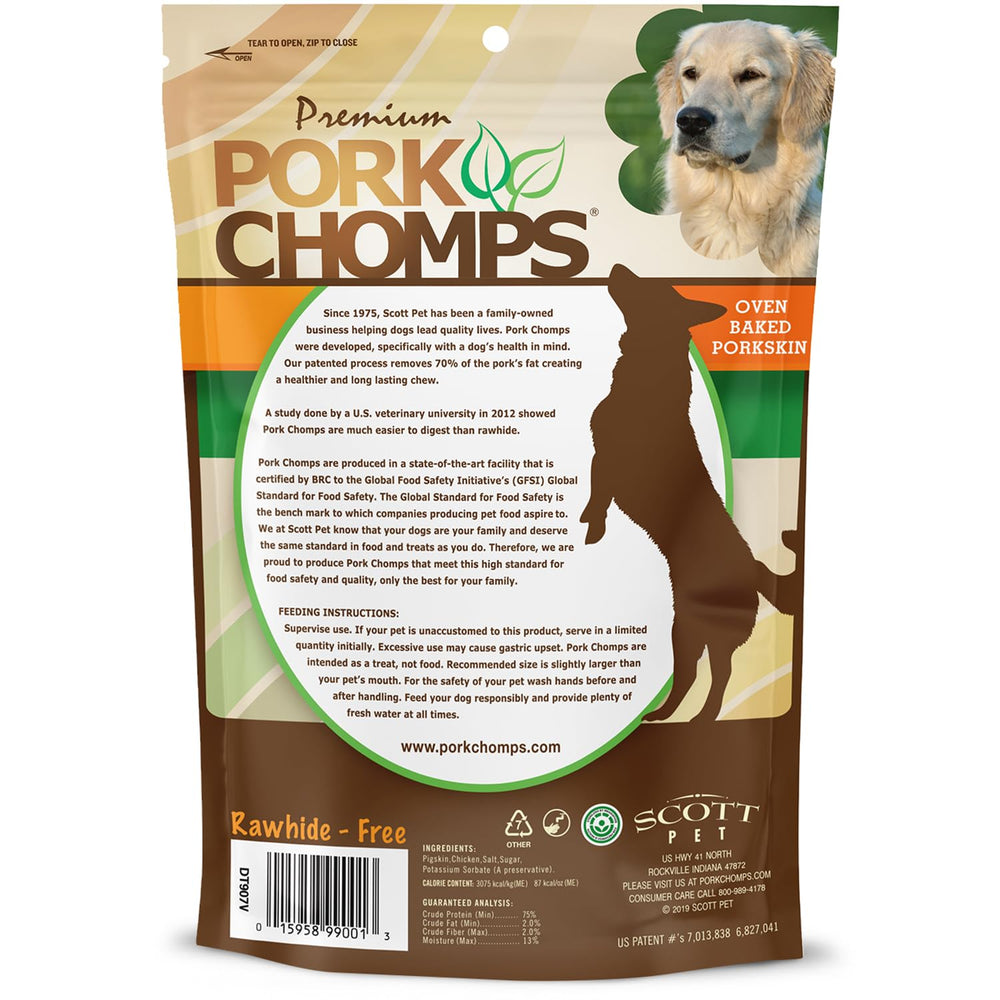 Pork Chomps emballage refermable pour récompenses quotidiennes et séances d'entraînement.