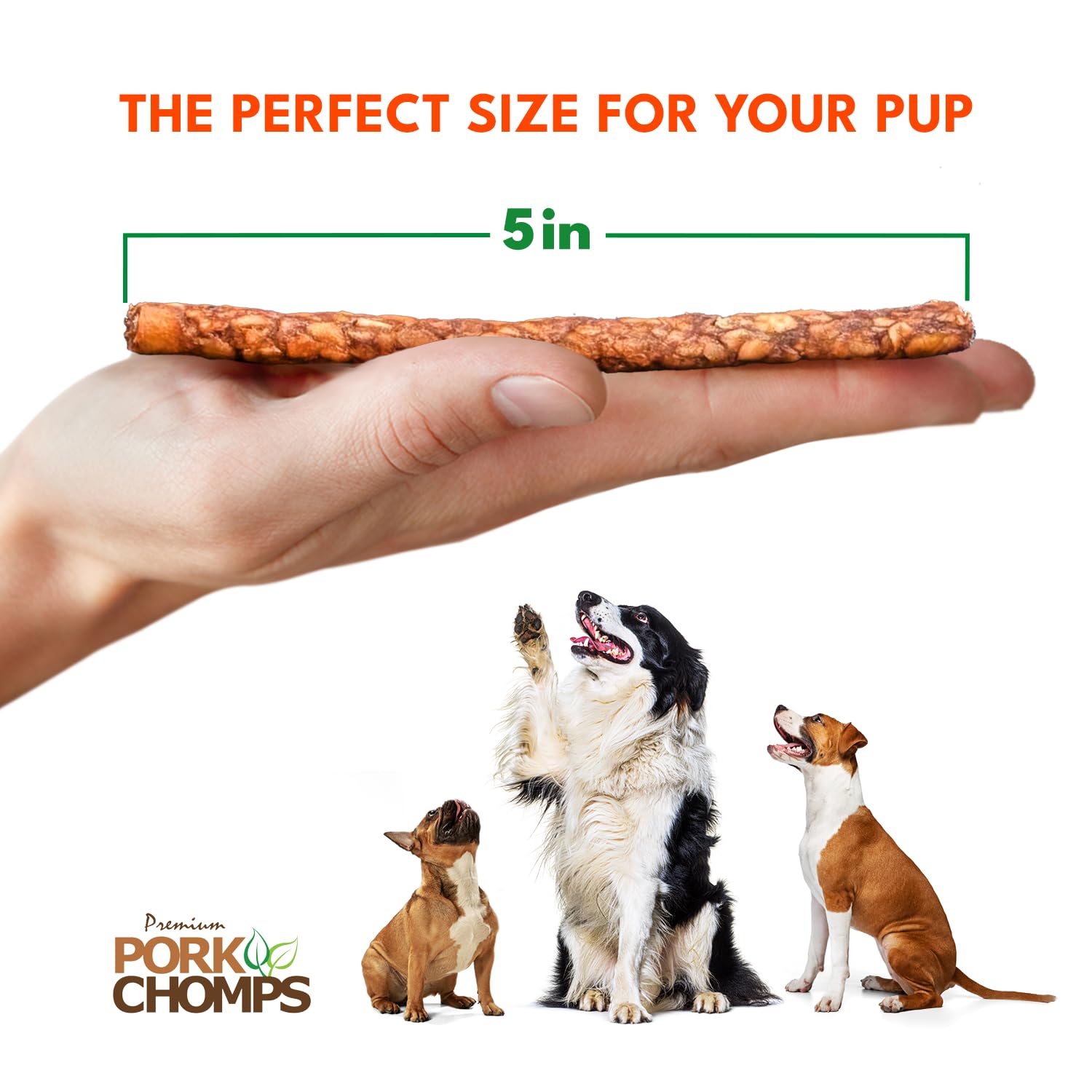 Pork Chomps sachet réutilisable, conservation facile des friandises.