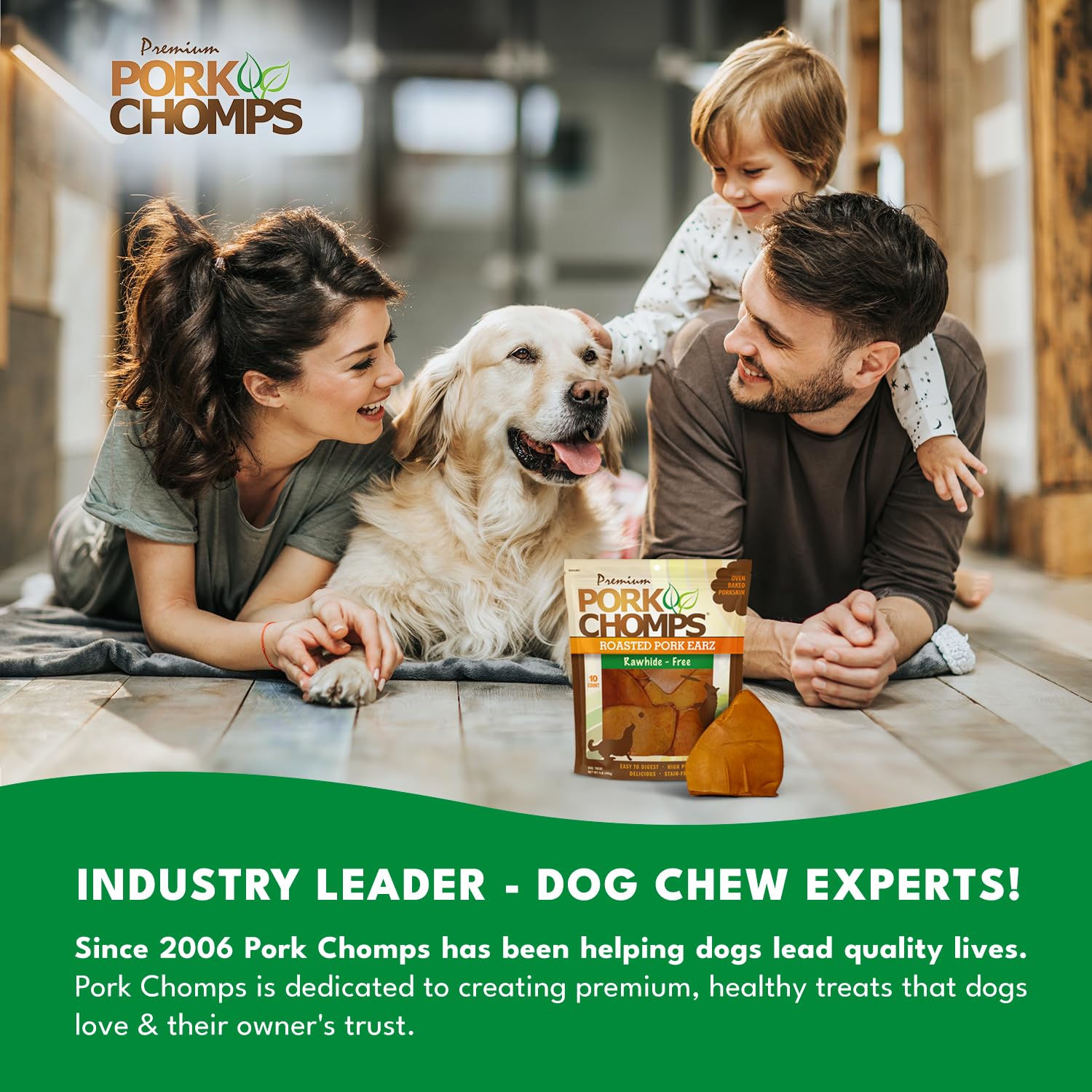 Pork Chomps sans additifs artificiels, friandise simple et naturelle pour chiens.