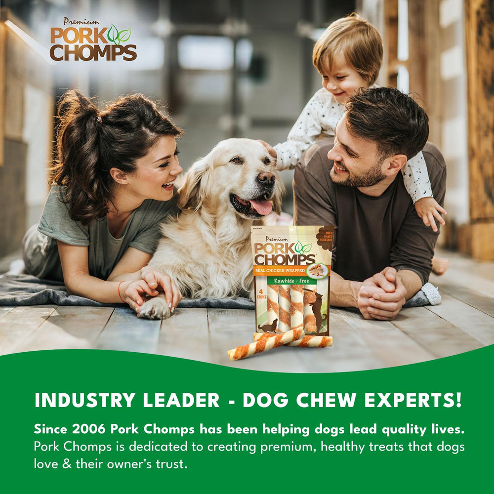Pork Chomps saveur naturelle sans arômes artificiels pour chiens de toutes tailles.