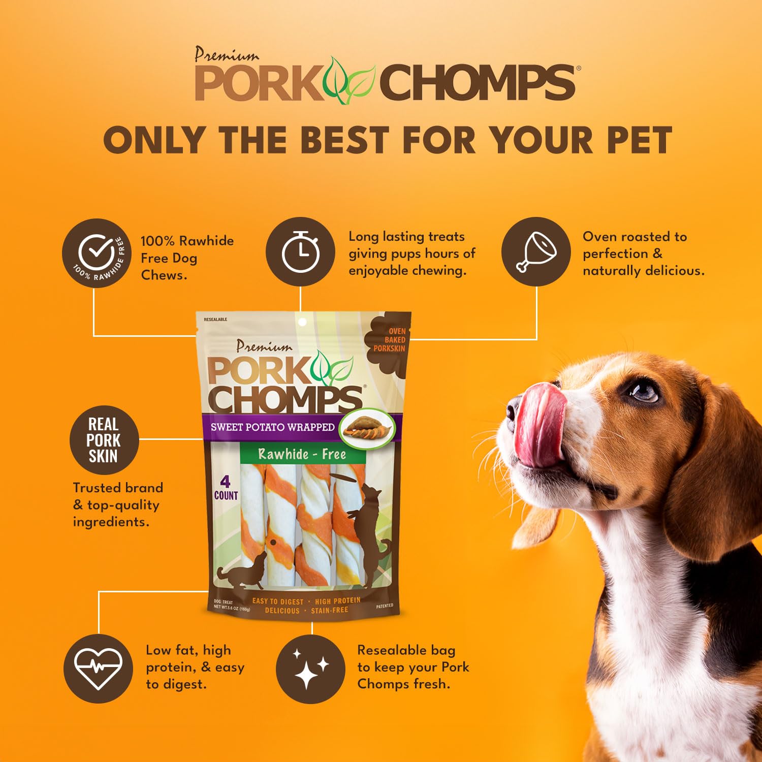 Pork Chomps sans cuir, option sans cuir pour chiens actifs.