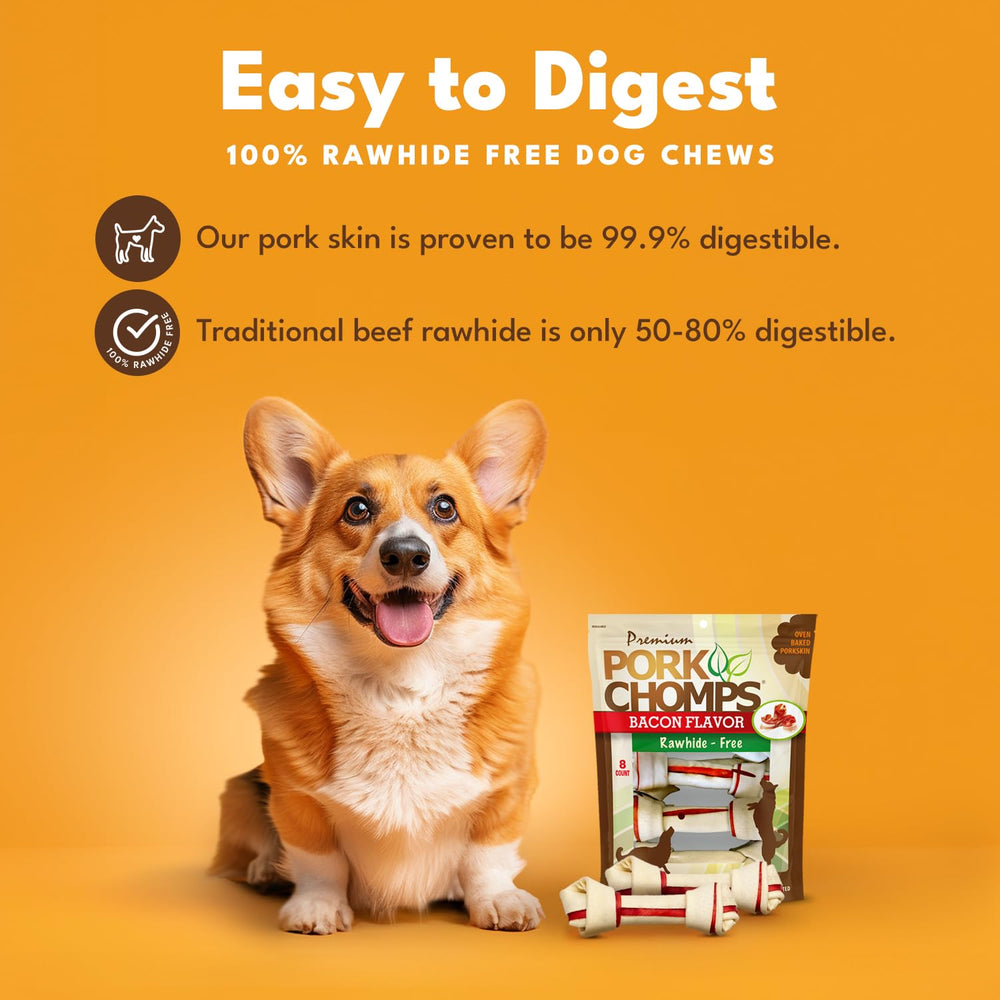 Pork Chomps saveur porc fumé sans cuir, plaisir sûr pour chiens.