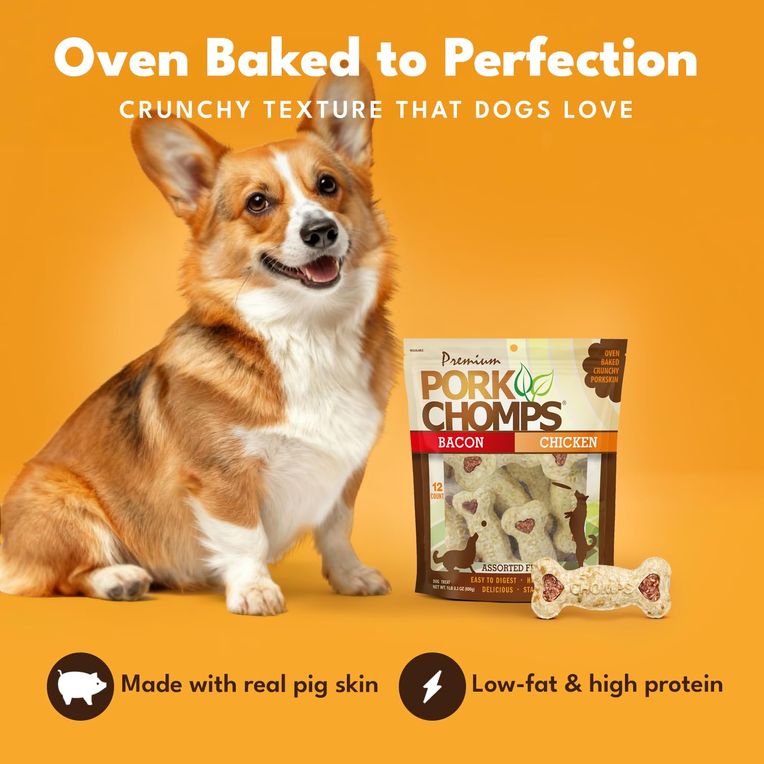 Pork Chomps texture croquante révélant une mastication satisfaisante pour les chiens