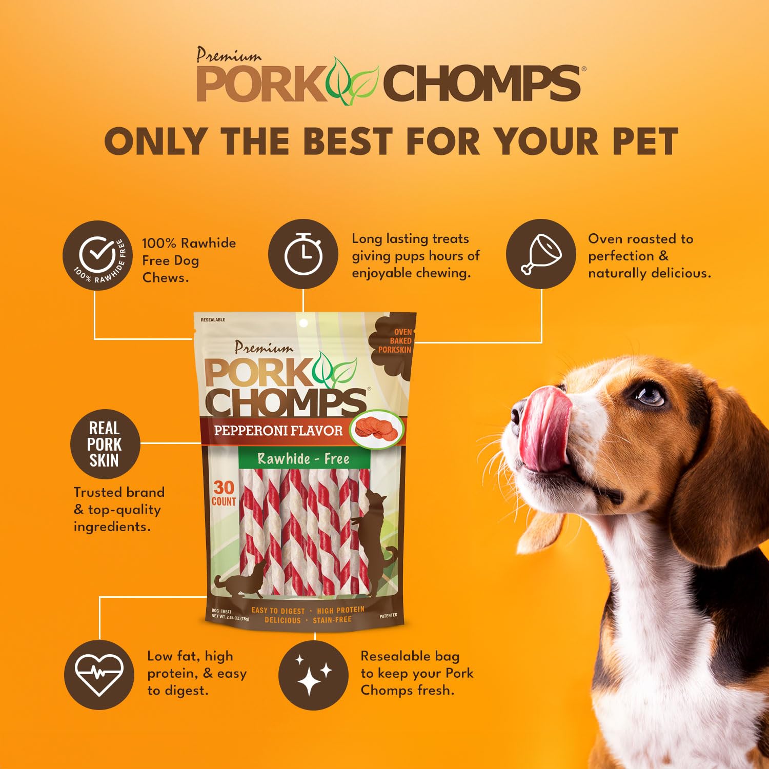 Pork Chomps texture ferme torsades, stimule la mastication et l’engagement.