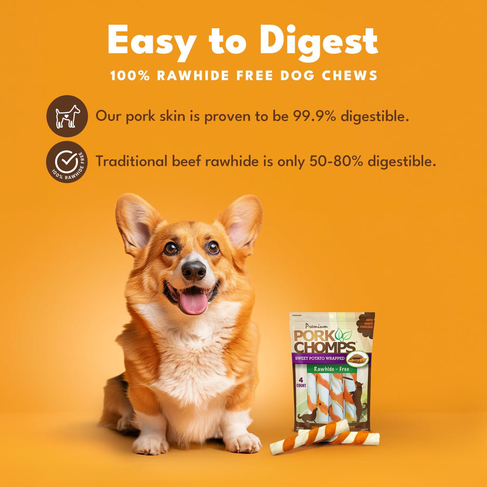 Texture ferme des torsades Pork Chomps pour une mastication longue et engageante.