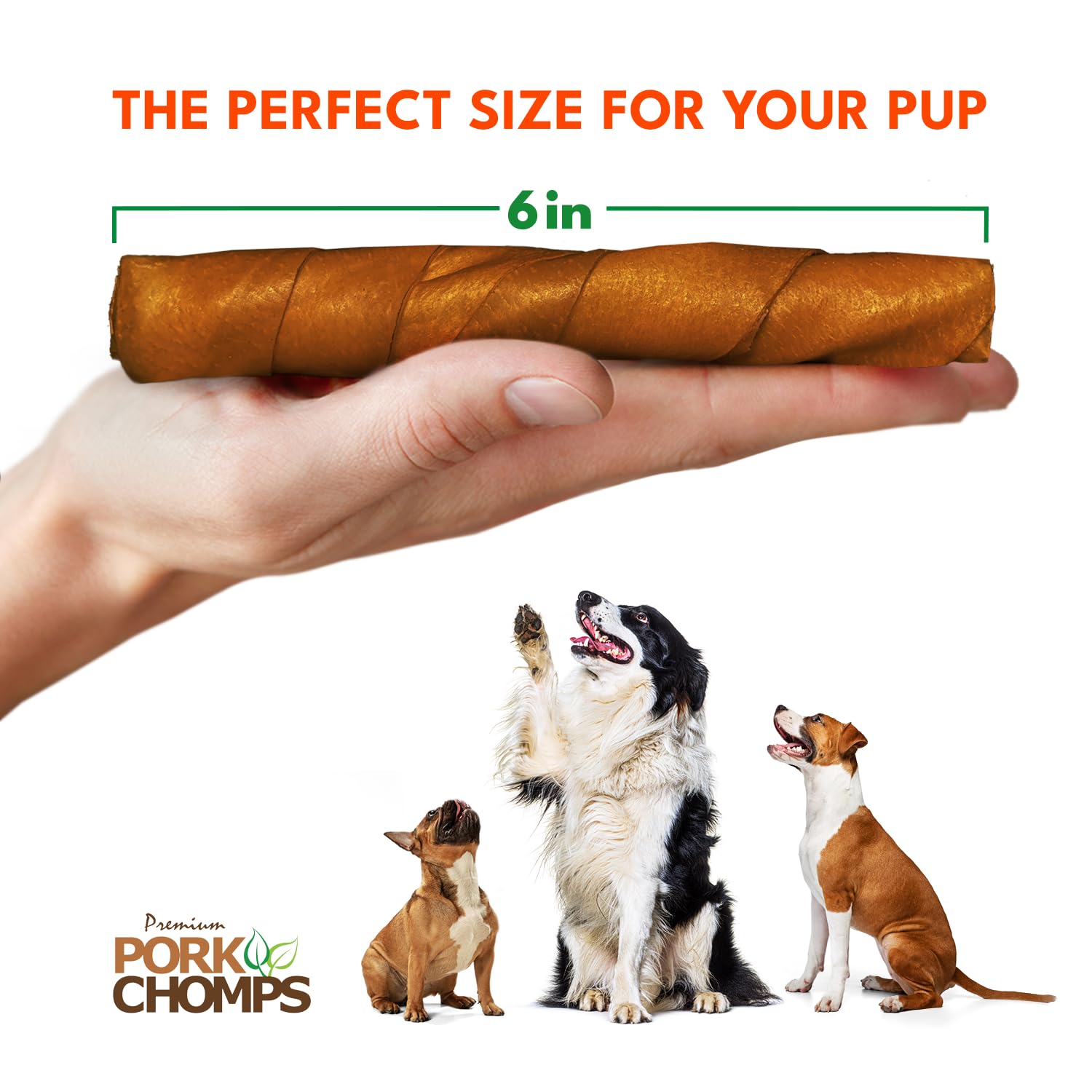 Pork Chomps texture ferme qui soutient le mastiquage et le nettoyage dentaire.