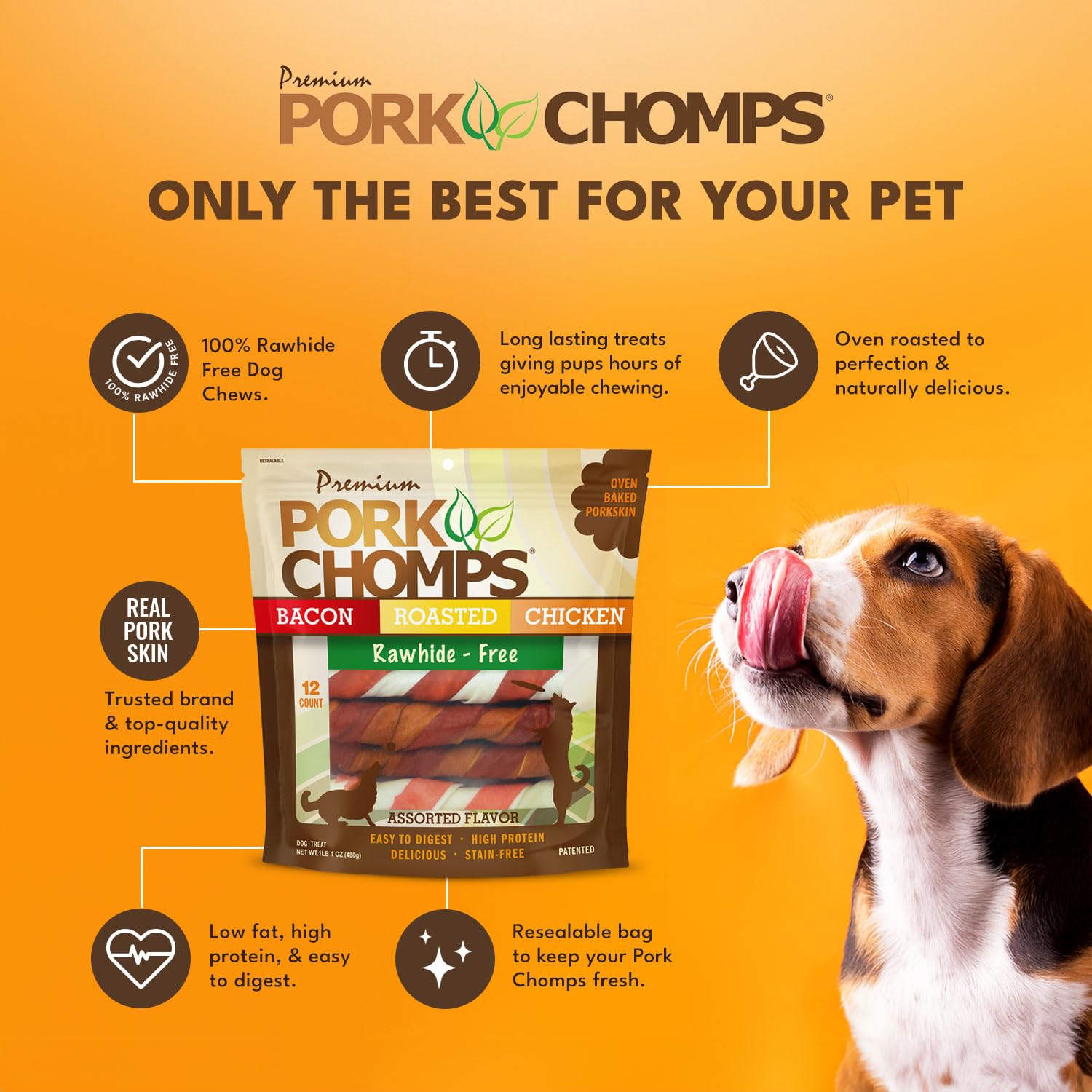 Pork Chomps torsade ferme encourageant une mastication active et l'engagement.
